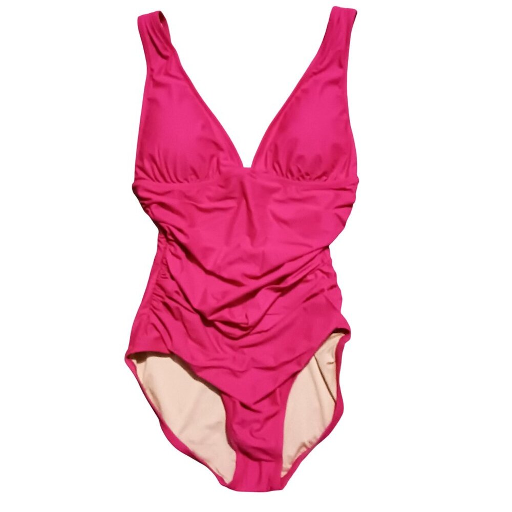 NEW J. Crew‎ Ruched V-neck One-Piece Swimsuit in Radiant Fuchsia/Bright Pink 10 - Picture 5 of 15